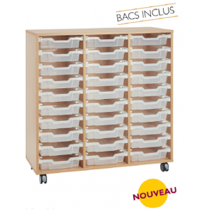 Meuble configuré 3 colonnes sur roulettes avec bacs